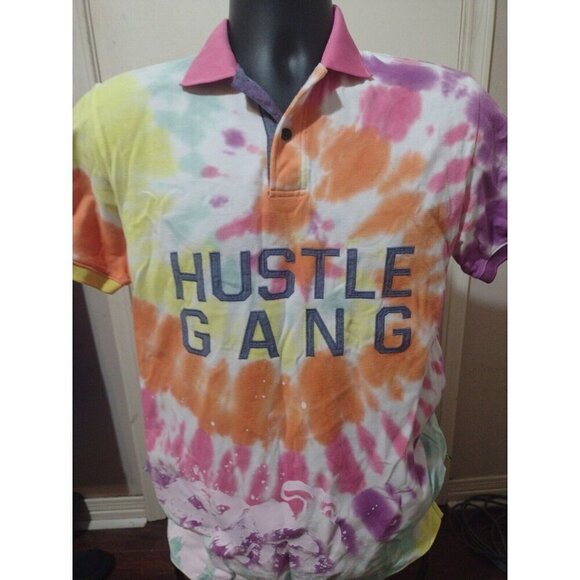 Hustle Gang Polo Shirt Mens Small S Short Sleeve Tie Dye MultiColor Cotton - Picture 1 of 13